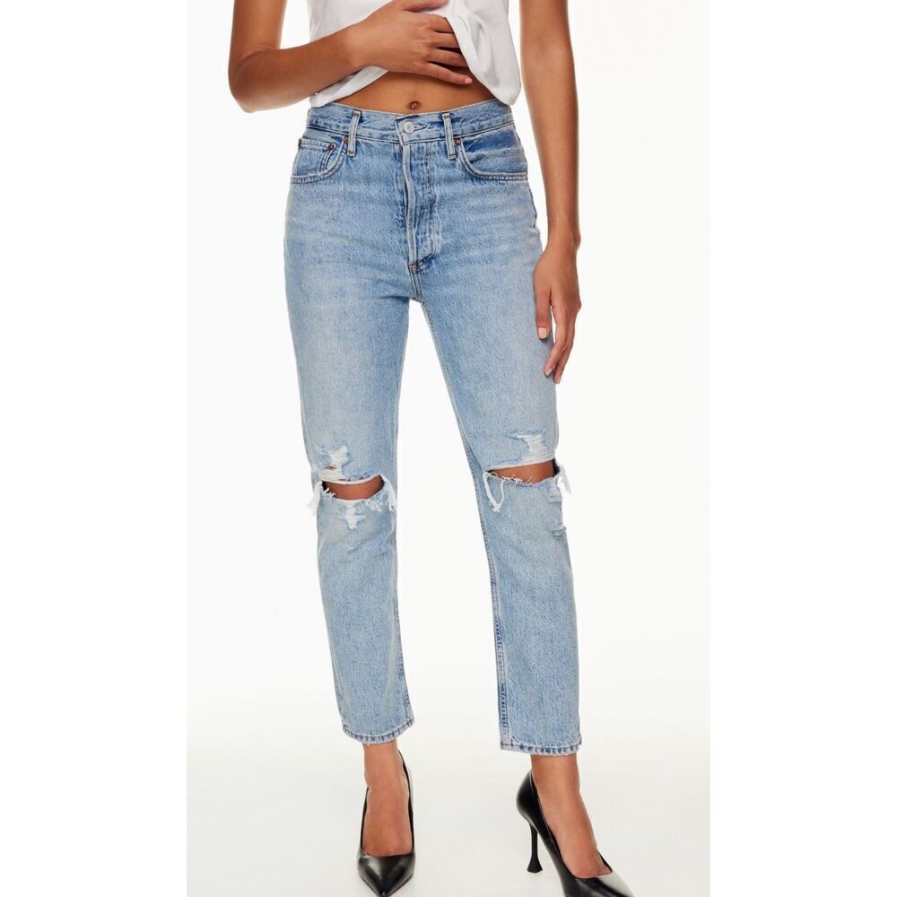 AGOLDE Riley light wash high rise distressed jeans, Sz 26, $218 G47